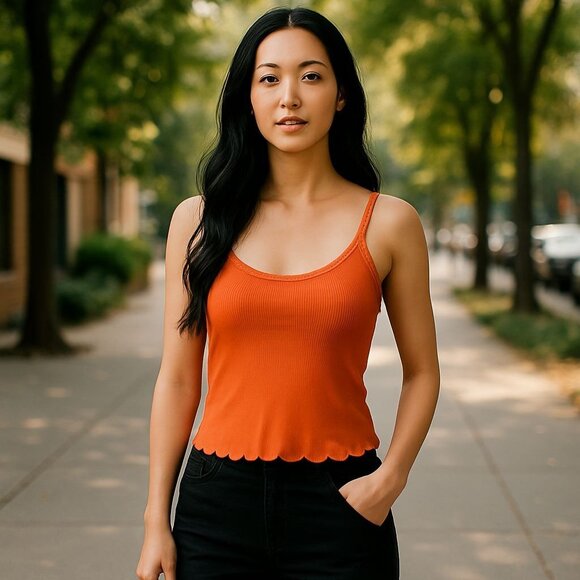 Express Womens Orange Ribbed Tank Top Lace Trimmed Sz L Stretch Lined Edge - Picture 1 of 7